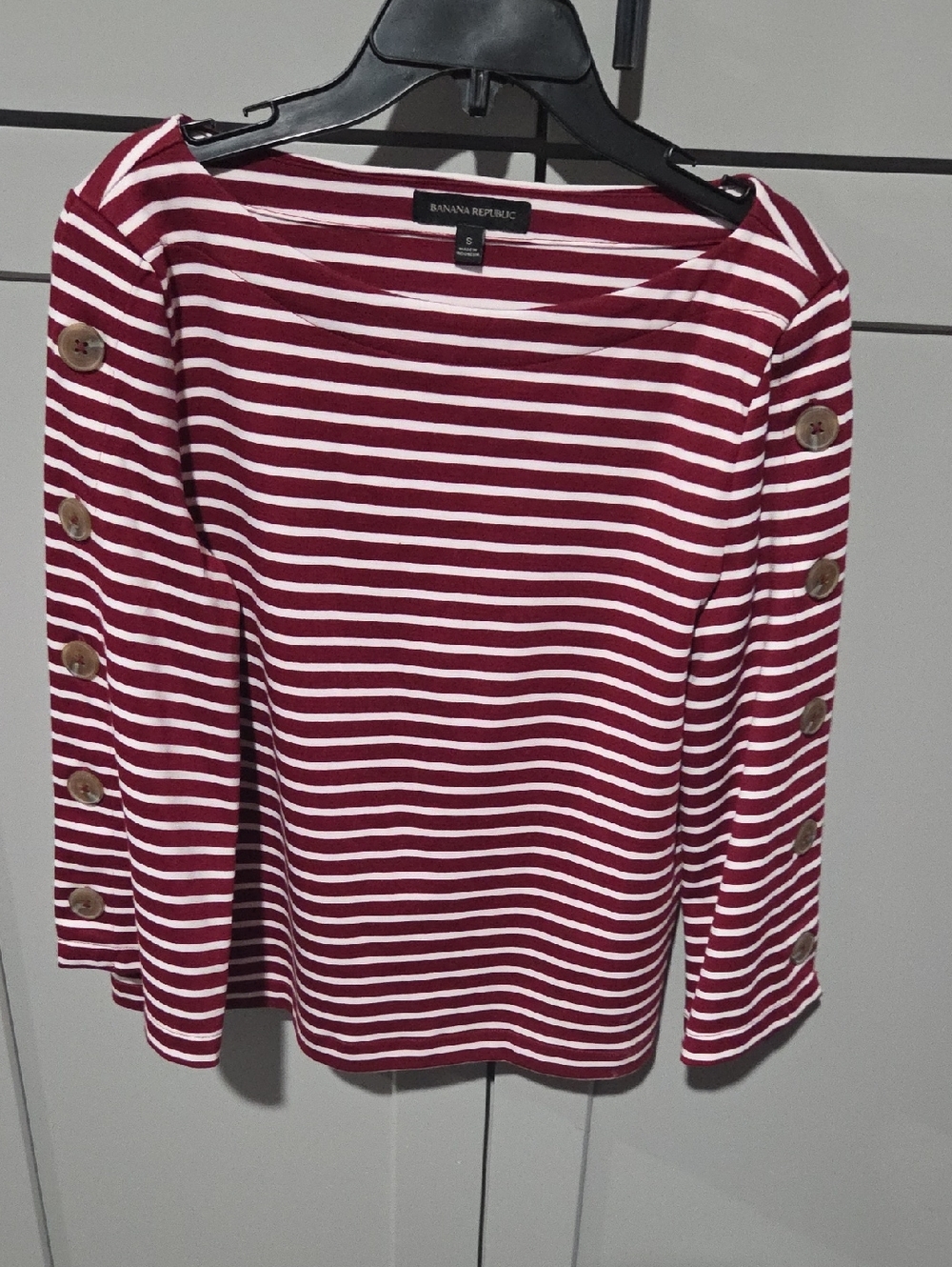 Banana Republic Red and White Striped Long-Sleeve Top with Sleeve Buttons